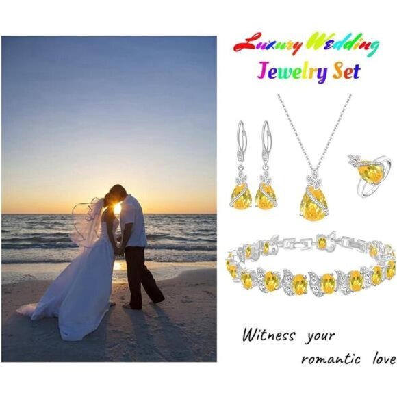 Teardrop Canary Cubic Zirconia Necklace Earrings Adjustable Ring Bracelet Set - Picture 3 of 4